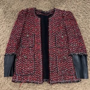 Zara Red Tweed Blazer with Black Trim and Faux-Leather Sleeves